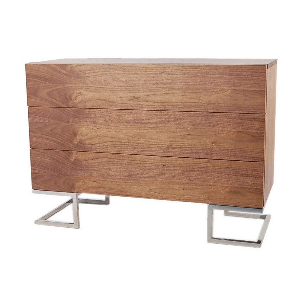 Sam 39 Inch Dresser 3 Drawers Sleek Chrome Steel Legs Walnut Brown Wood By Casagear Home