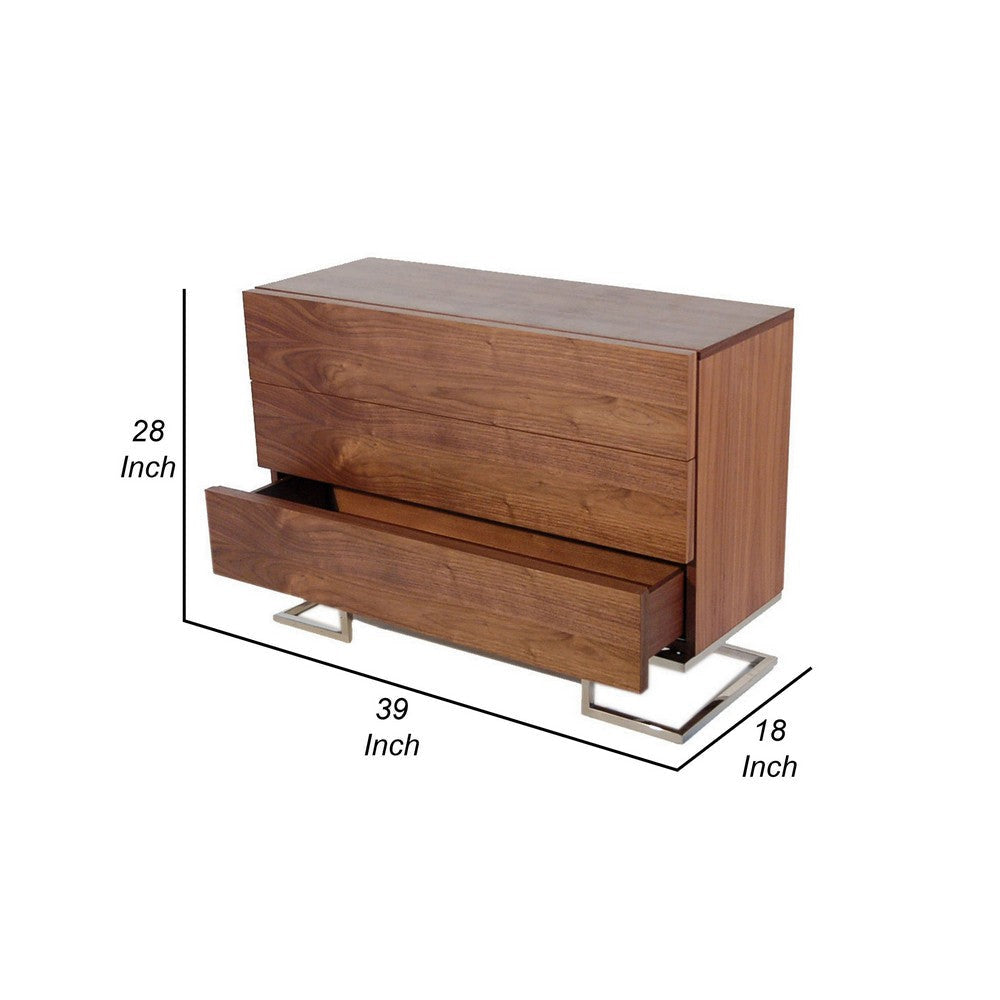 Sam 39 Inch Dresser 3 Drawers Sleek Chrome Steel Legs Walnut Brown Wood By Casagear Home