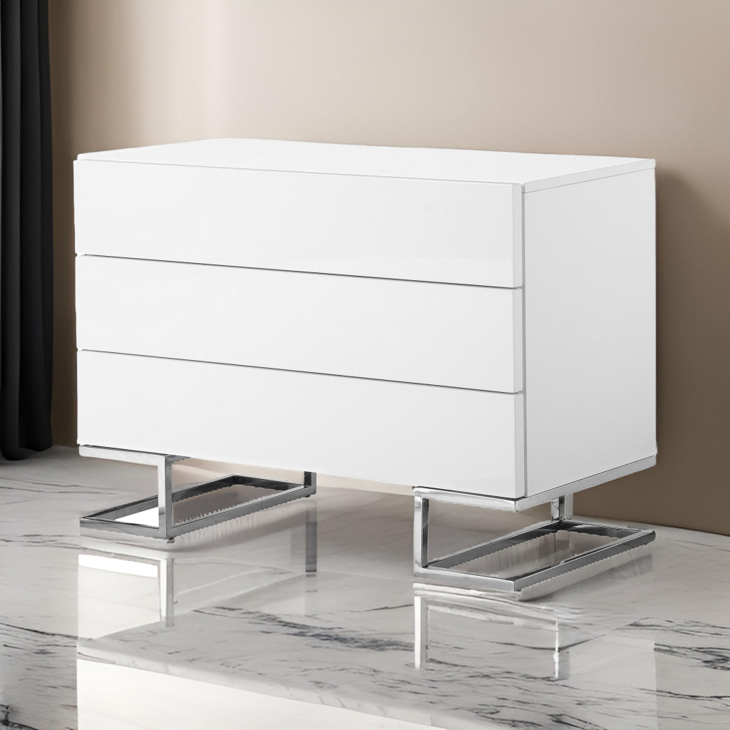 Sam 39 Inch Dresser with 3 Drawers Chrome Steel Legs White Wood Finish By Casagear Home BM315076