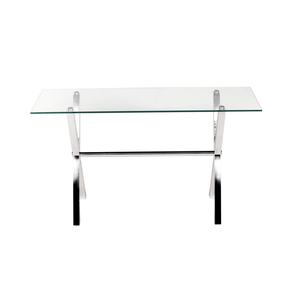 Tia 51 Inch Console Table Rectangular Tempered Glass Top X Steel Legs By Casagear Home BM315078