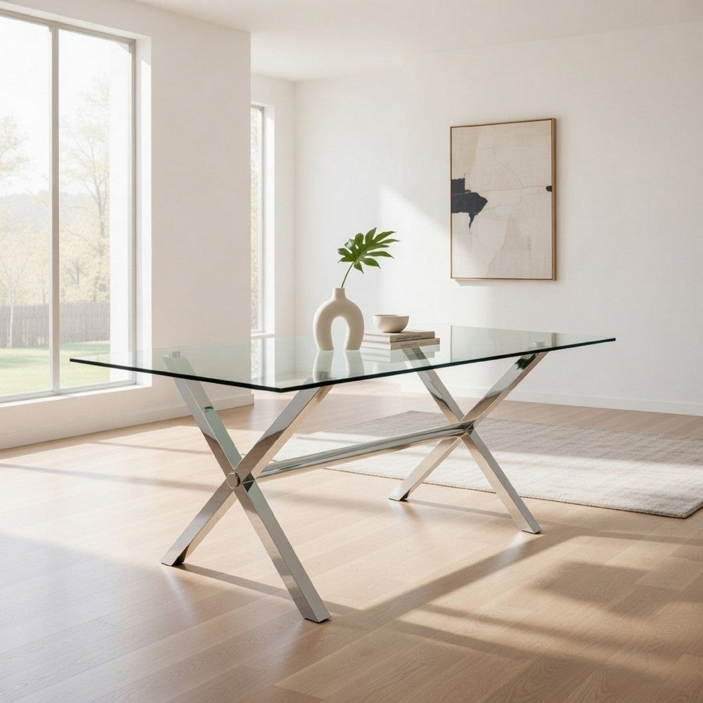 Tia 79 Inch Dining Table, Rectangular Tempered Glass Top, X Steel Legs By Casagear Home