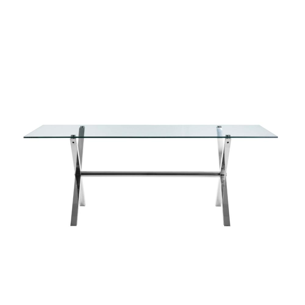 Tia 79 Inch Dining Table, Rectangular Tempered Glass Top, X Steel Legs By Casagear Home