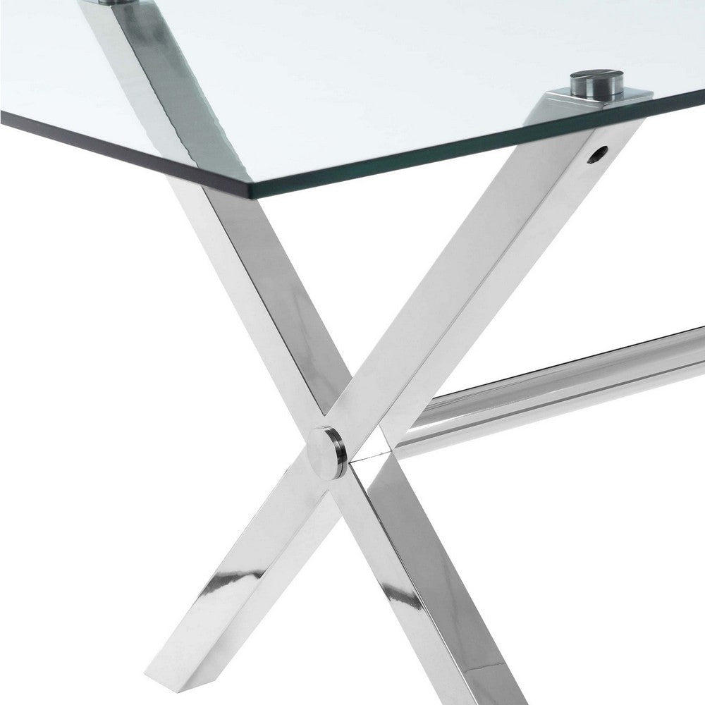 Tia 79 Inch Dining Table Rectangular Tempered Glass Top X Steel Legs By Casagear Home BM315080