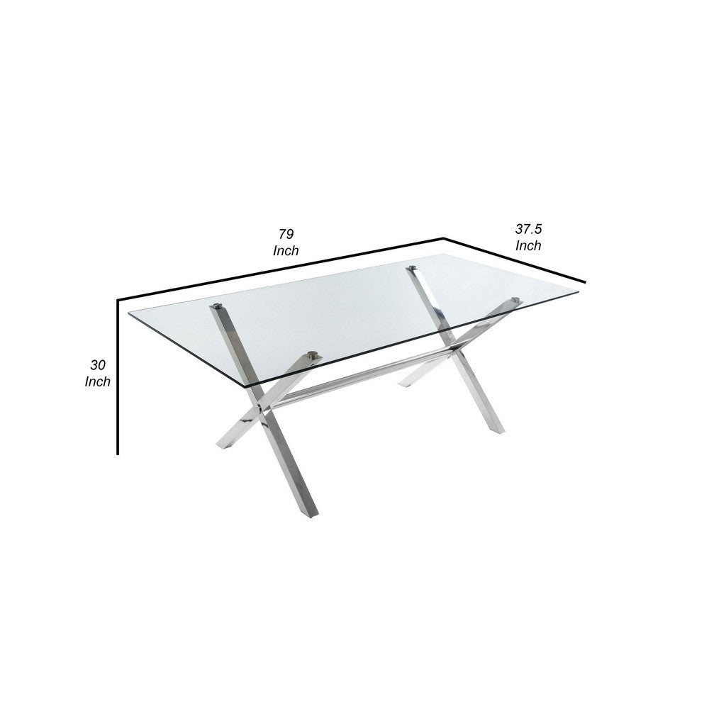 Tia 79 Inch Dining Table Rectangular Tempered Glass Top X Steel Legs By Casagear Home BM315080