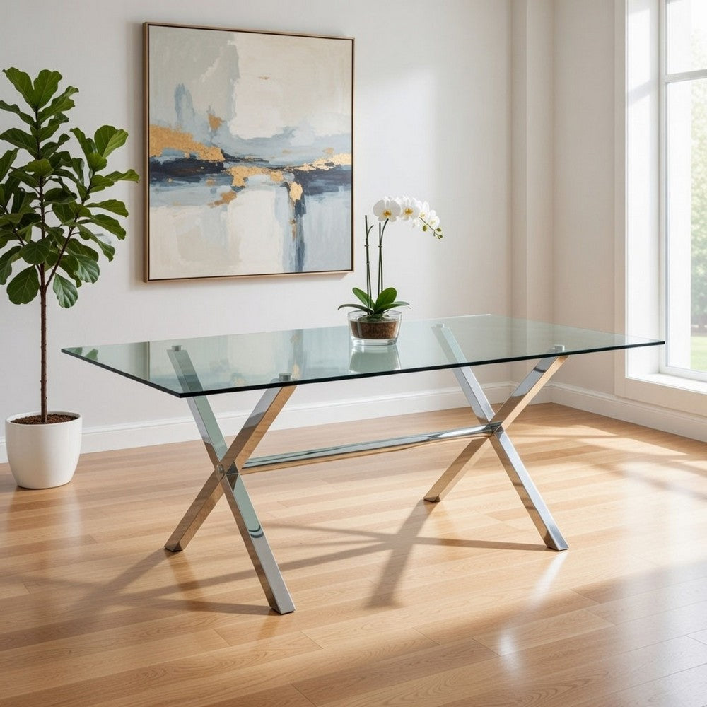 Tia 79 Inch Dining Table, Rectangular Tempered Glass Top, X Steel Legs By Casagear Home