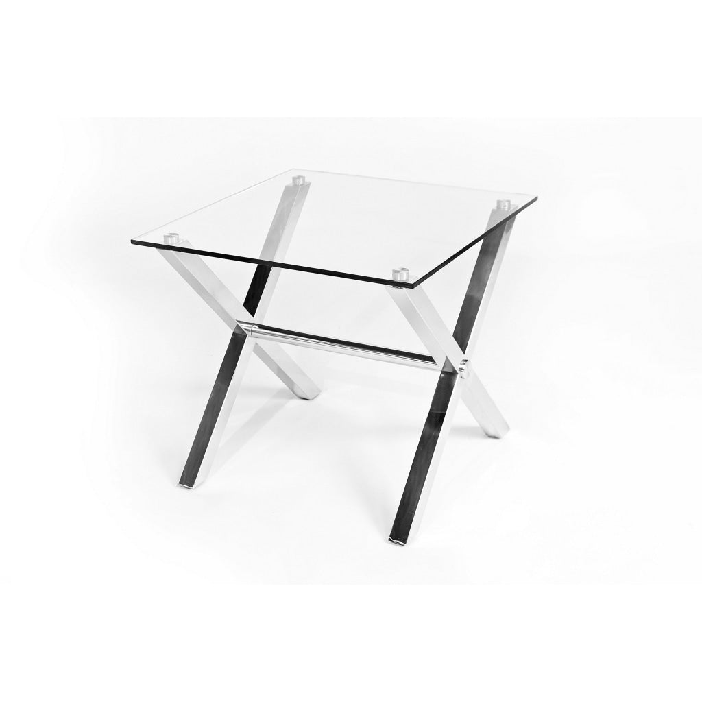 Tia 24 Inch Side End Table Square Tempered Glass Top X Shape Steel Legs By Casagear Home BM315081