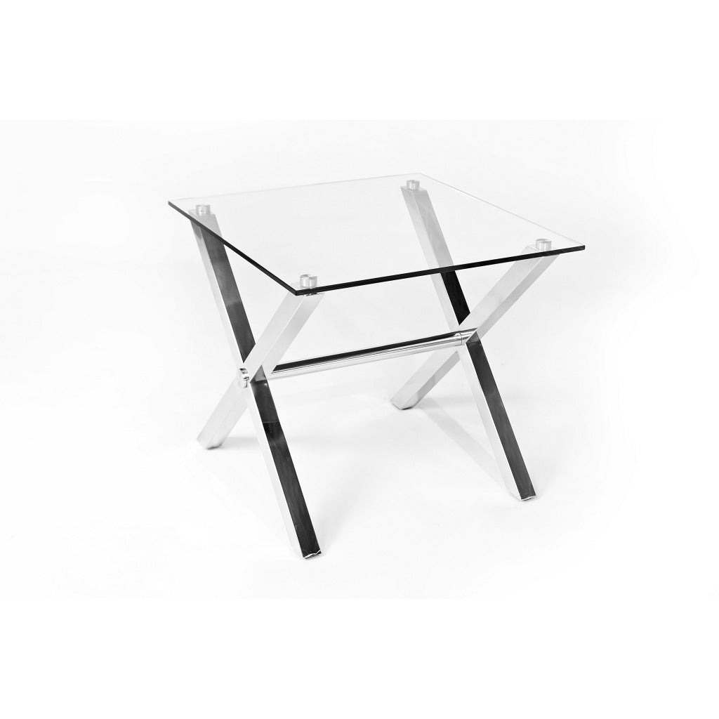 Tia 24 Inch Side End Table Square Tempered Glass Top X Shape Steel Legs By Casagear Home BM315081