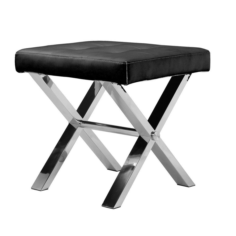 Tia 20 Inch Accent Stool Ottoman, Black Faux Leather, Polished Chrome Legs By Casagear Home