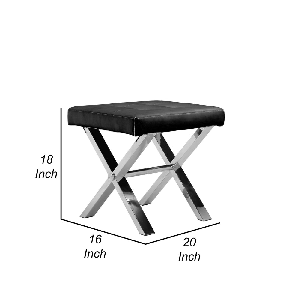 Tia 20 Inch Accent Stool Ottoman Black Faux Leather Polished Chrome Legs By Casagear Home BM315082