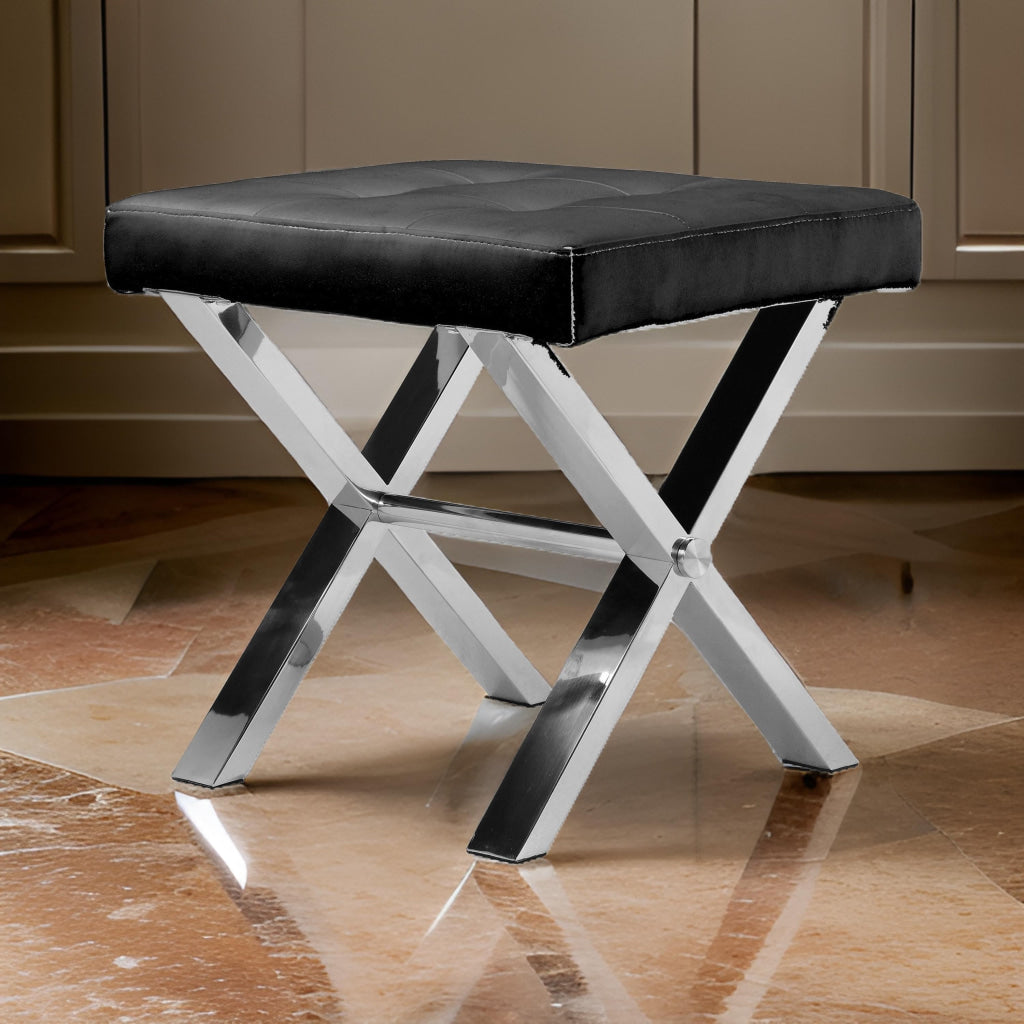 Tia 20 Inch Accent Stool Ottoman Black Faux Leather Polished Chrome Legs By Casagear Home BM315082