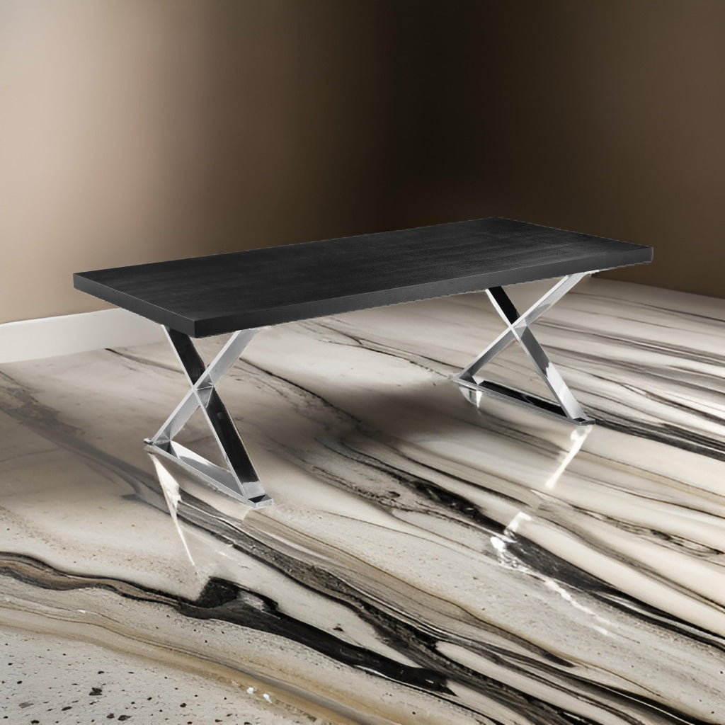 Rix 87 Inch Dining Table Black Wood Top X Chrome Finished Steel Legs By Casagear Home BM315089