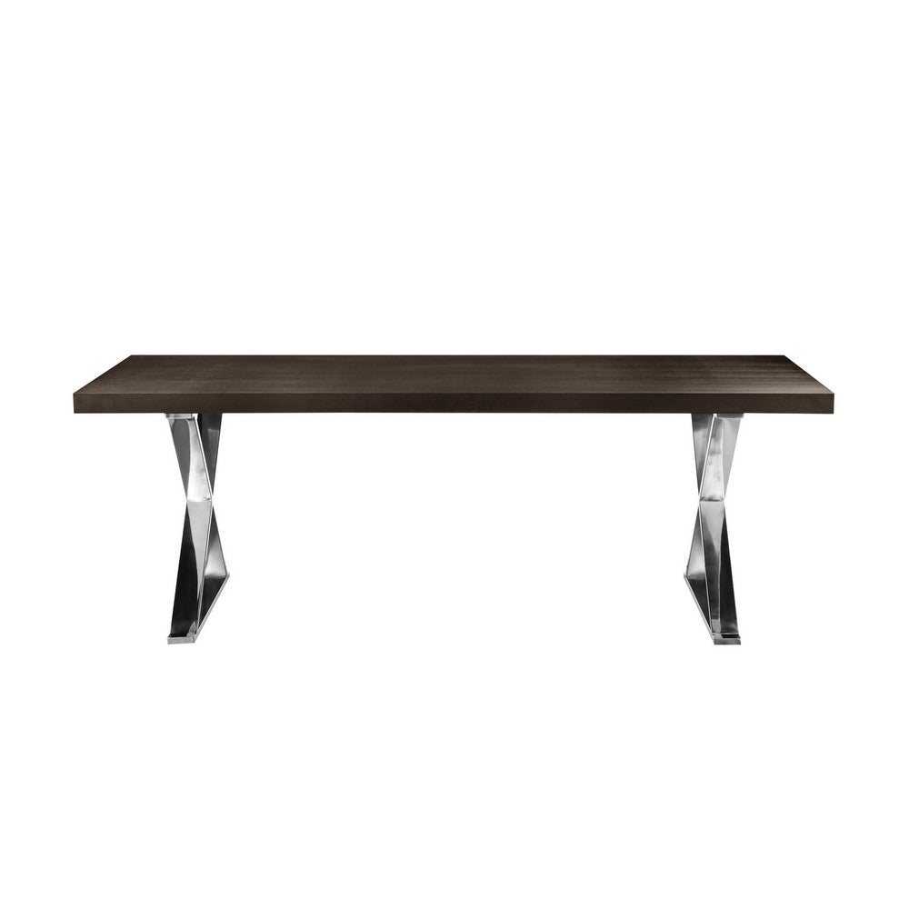 Rix 87 Inch Dining Table, Espresso Brown Wood Top, X Chrome Steel Legs By Casagear Home