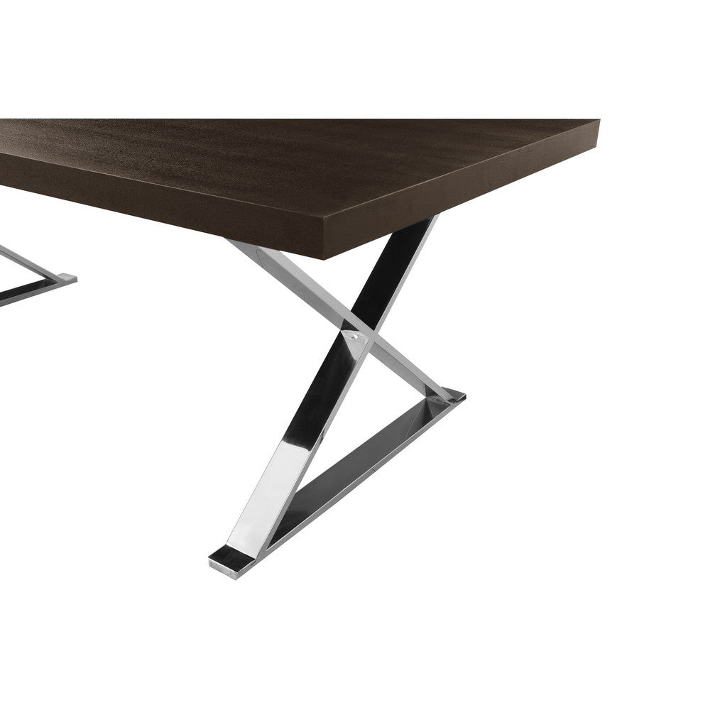 Rix 87 Inch Dining Table, Espresso Brown Wood Top, X Chrome Steel Legs By Casagear Home