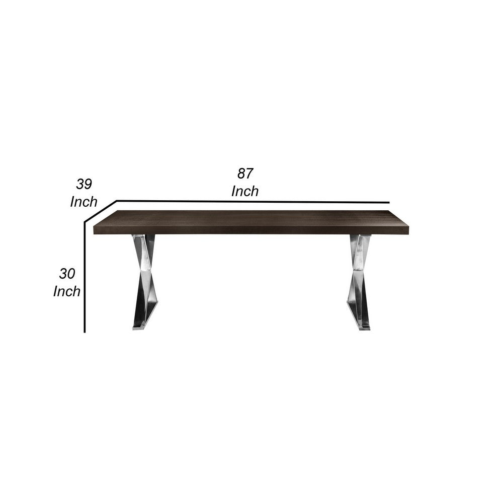 Rix 87 Inch Dining Table, Espresso Brown Wood Top, X Chrome Steel Legs By Casagear Home