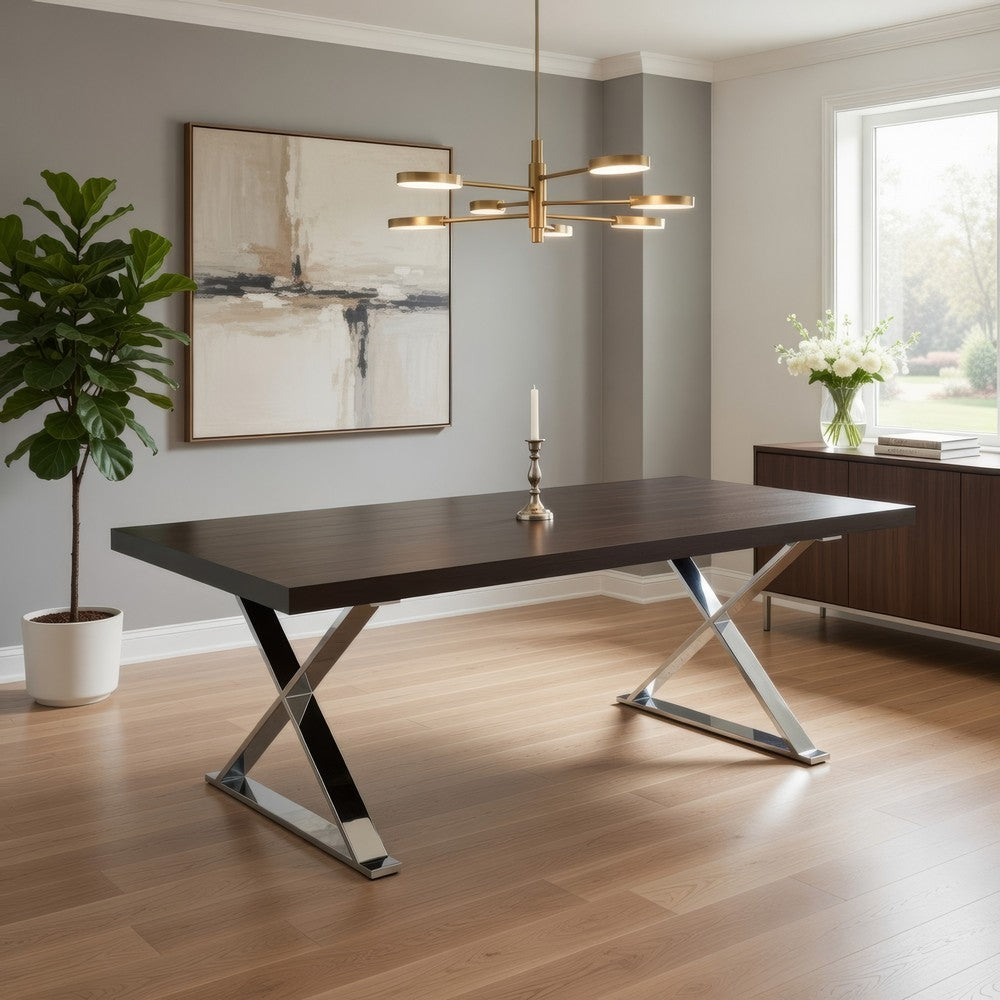 Rix 87 Inch Dining Table, Espresso Brown Wood Top, X Chrome Steel Legs By Casagear Home