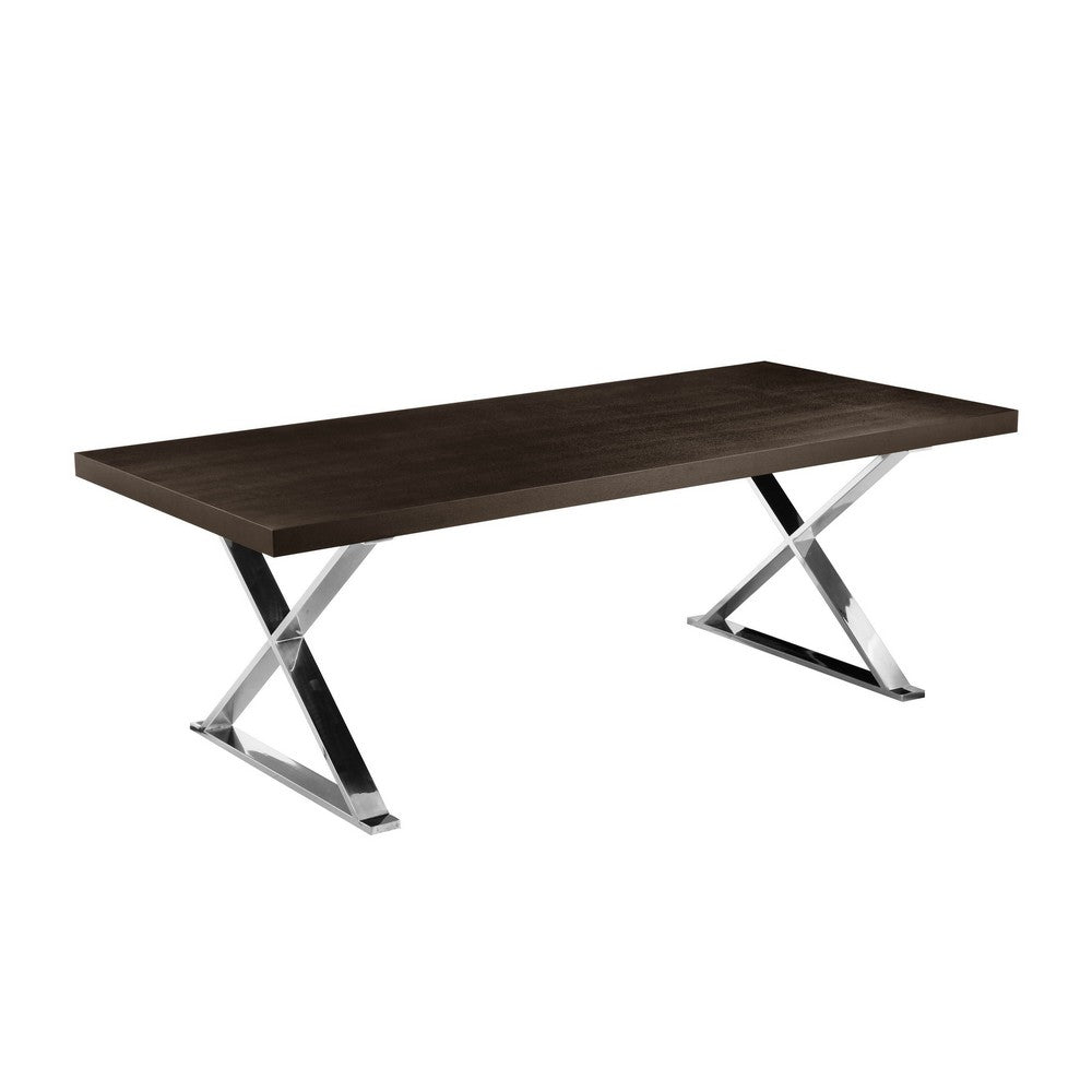 Rix 87 Inch Dining Table, Espresso Brown Wood Top, X Chrome Steel Legs By Casagear Home