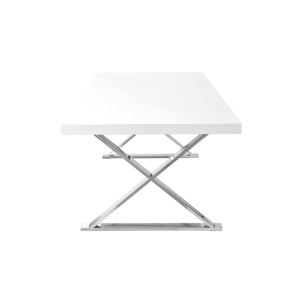 Rix 87 Inch Dining Table White Wood Top X Chrome Finished Steel Legs By Casagear Home BM315091