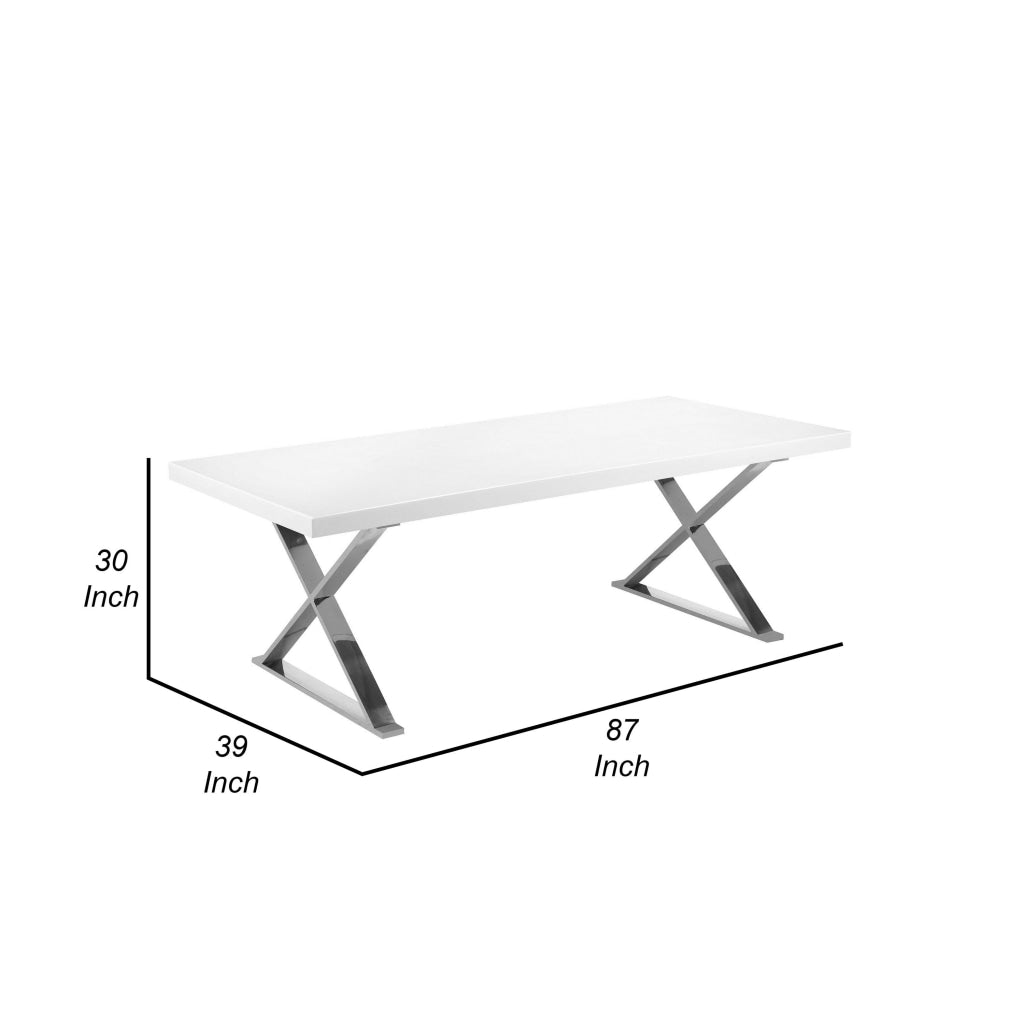 Rix 87 Inch Dining Table White Wood Top X Chrome Finished Steel Legs By Casagear Home BM315091