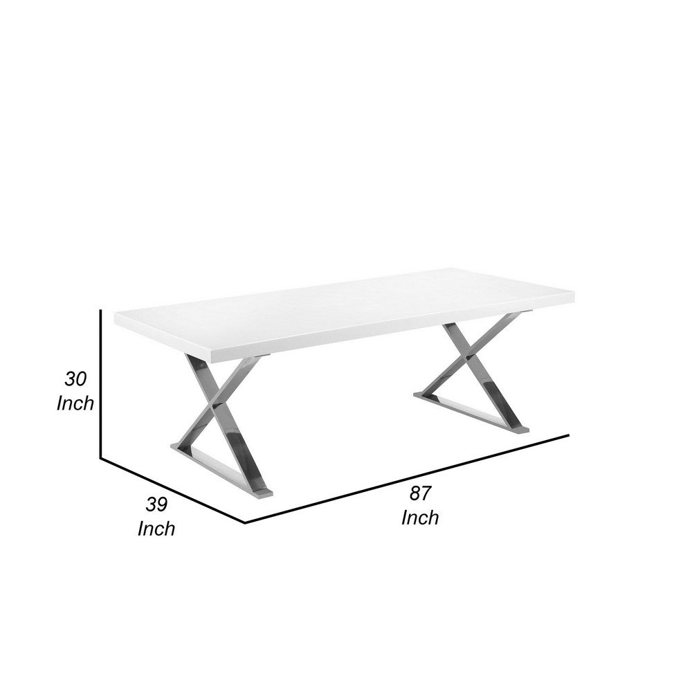 Rix 87 Inch Dining Table, White Wood Top, X Chrome Finished Steel Legs By Casagear Home