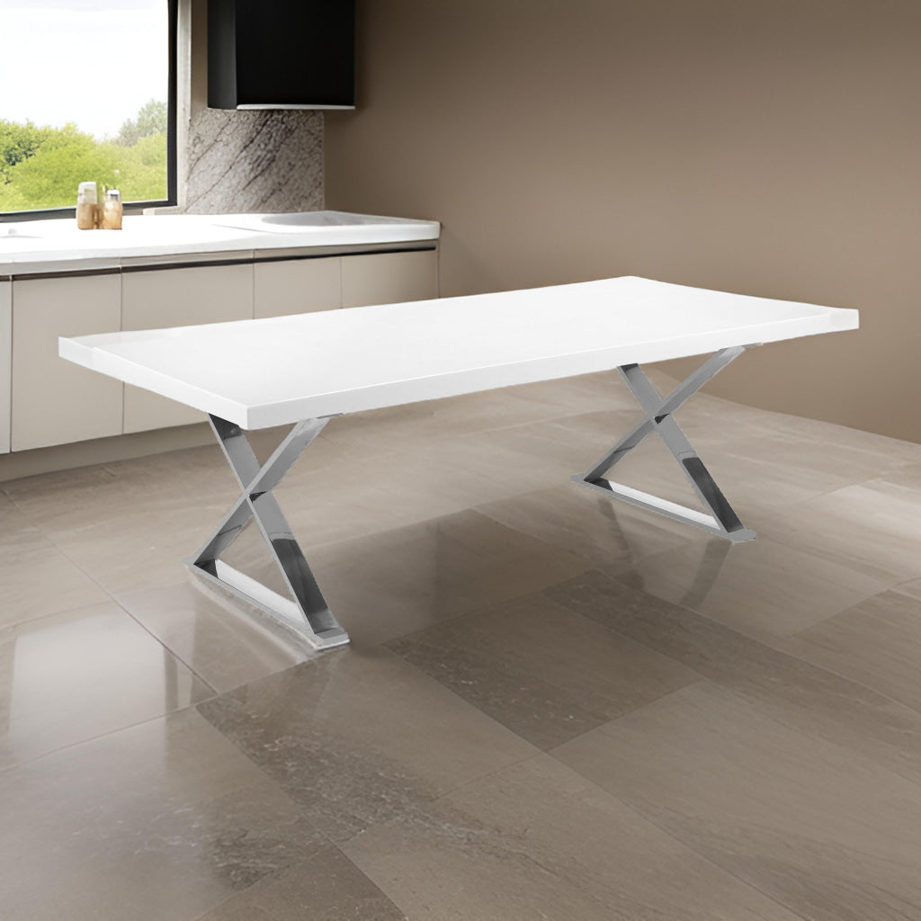 Rix 87 Inch Dining Table White Wood Top X Chrome Finished Steel Legs By Casagear Home BM315091