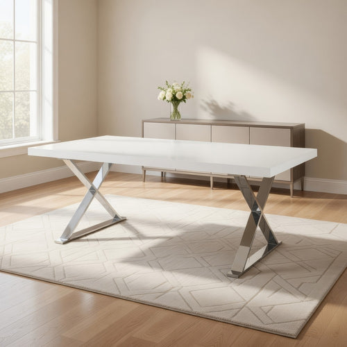 Rix 87 Inch Dining Table, White Wood Top, X Chrome Finished Steel Legs By Casagear Home