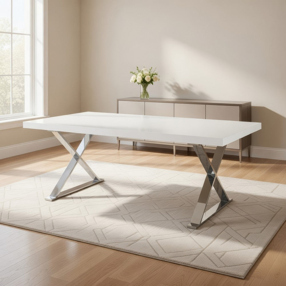 Rix 87 Inch Dining Table, White Wood Top, X Chrome Finished Steel Legs By Casagear Home