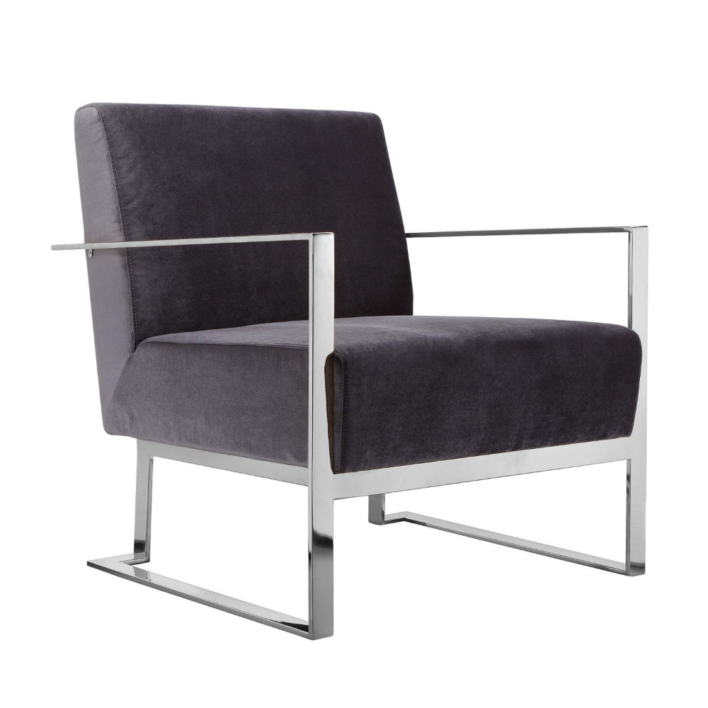 Boly 28 Inch Lounge Chair, Gray Velvet, Foam Cushions, Chrome Steel Base By Casagear Home