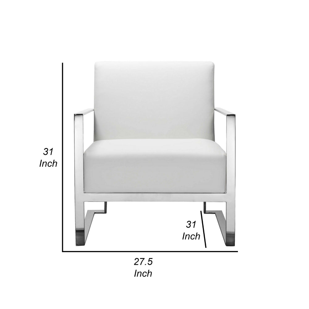 Boly 28 Inch Lounge Chair, White Faux Leather, Cushions, Chrome Steel Base By Casagear Home