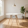 Ben 47 Inch Dining Table, Round White Lacquer, Tapered Legs, Wood, Metal By Casagear Home