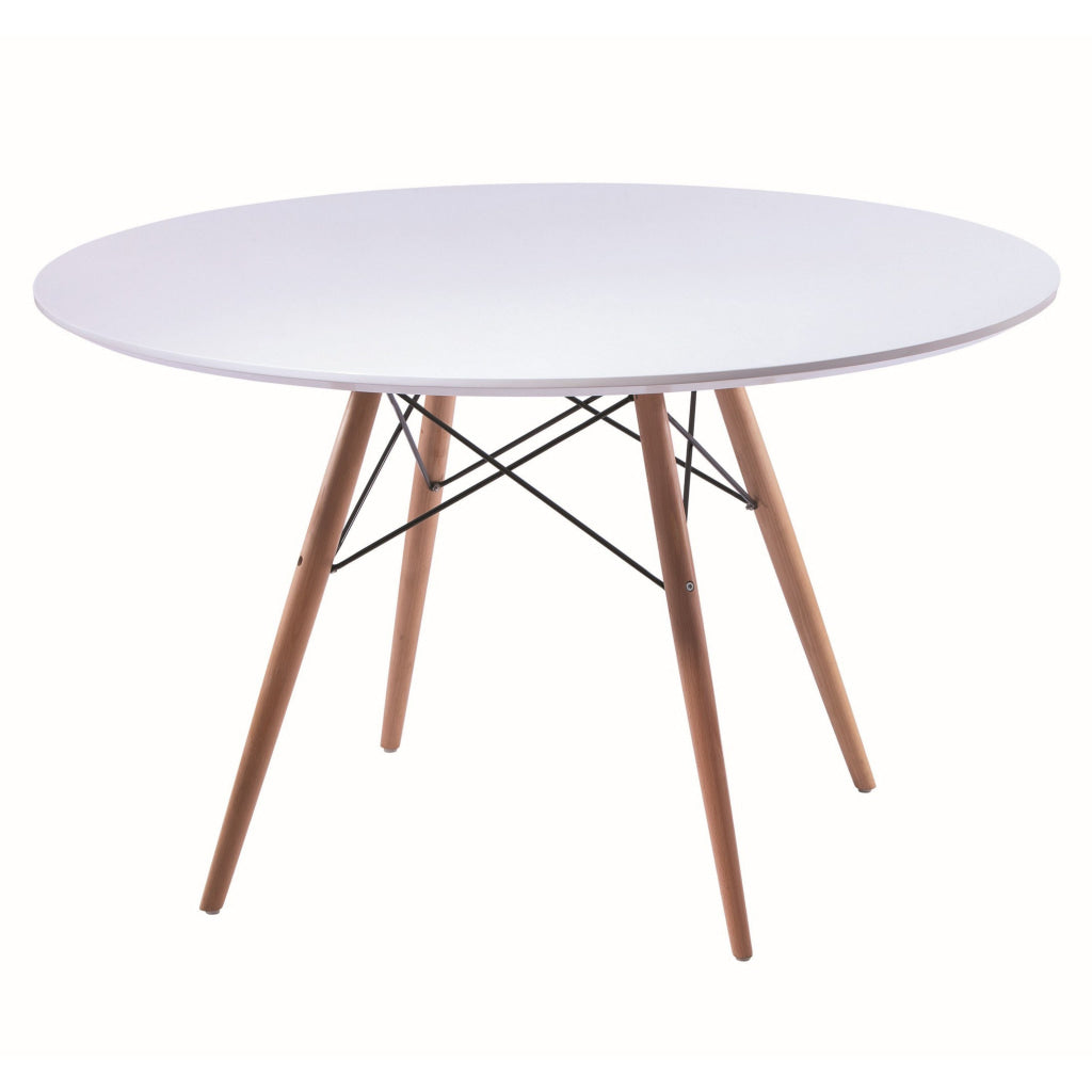 Ben 47 Inch Dining Table Round White Lacquer Tapered Legs Wood Metal By Casagear Home BM315125