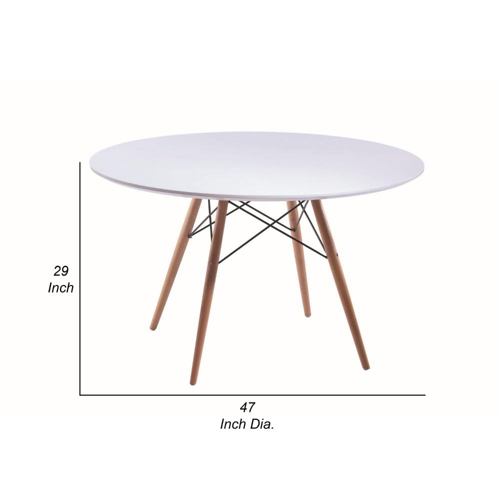 Ben 47 Inch Dining Table Round White Lacquer Tapered Legs Wood Metal By Casagear Home BM315125