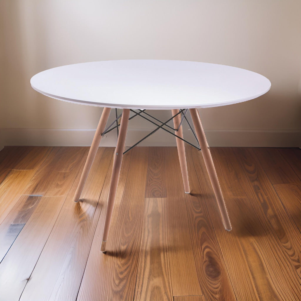 Ben 47 Inch Dining Table, Round White Lacquer, Tapered Legs, Wood, Metal By Casagear Home