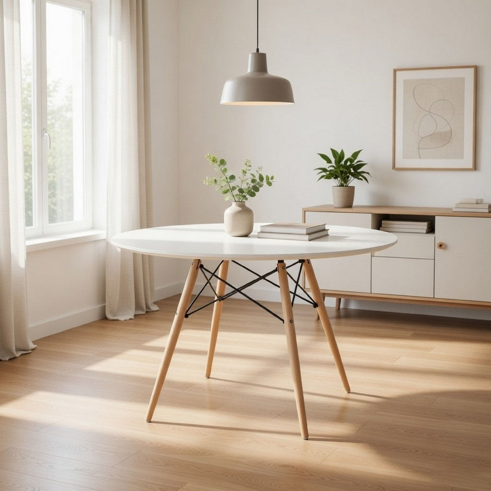 Ben 47 Inch Dining Table, Round White Lacquer, Tapered Legs, Wood, Metal By Casagear Home