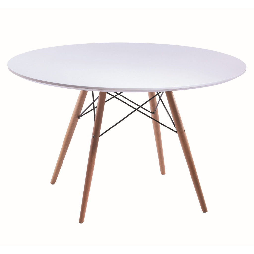 Ben 47 Inch Dining Table Round White Lacquer Tapered Legs Wood Metal By Casagear Home BM315125