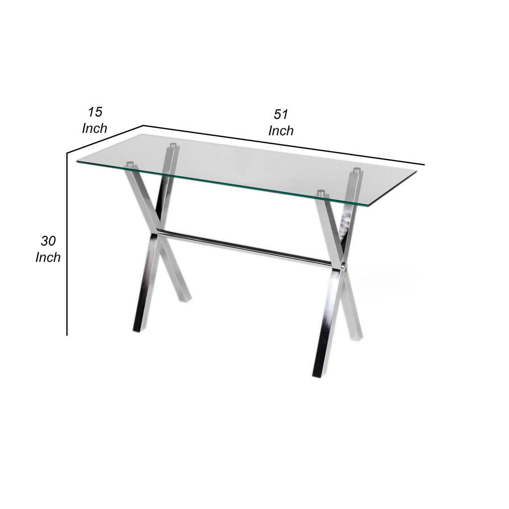 Tia 51 Inch Office Desk Rectangular Clear Tempered Glass Top Silver Legs By Casagear Home BM315136