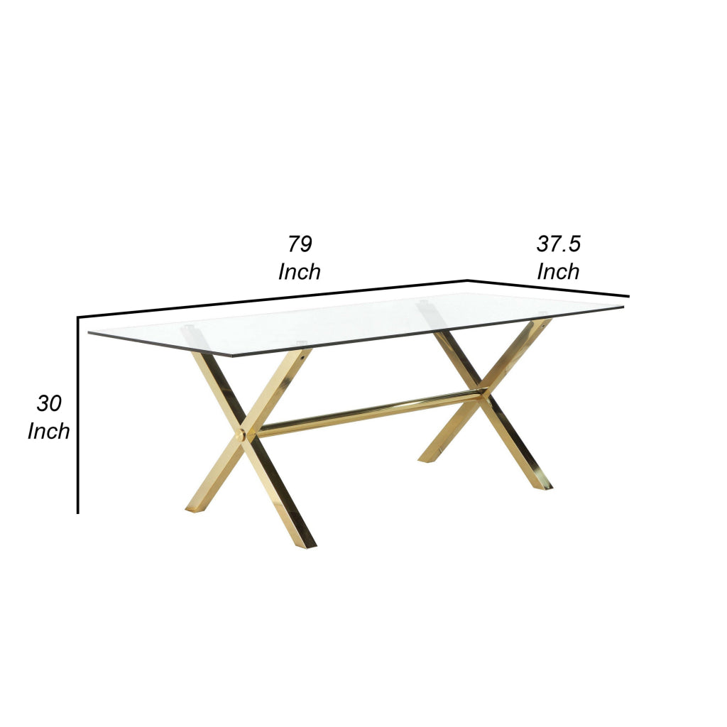 Tia 79 Inch Dining Table Rectangular Tempered Glass Top Gold Clear By Casagear Home BM315137