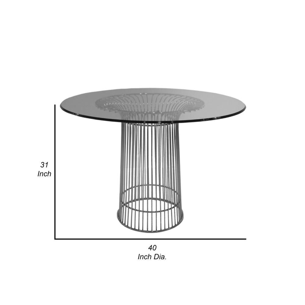 Pima 40 Inch Dining Table, Round Tempered Glass Top, Open Padestal Base By Casagear Home