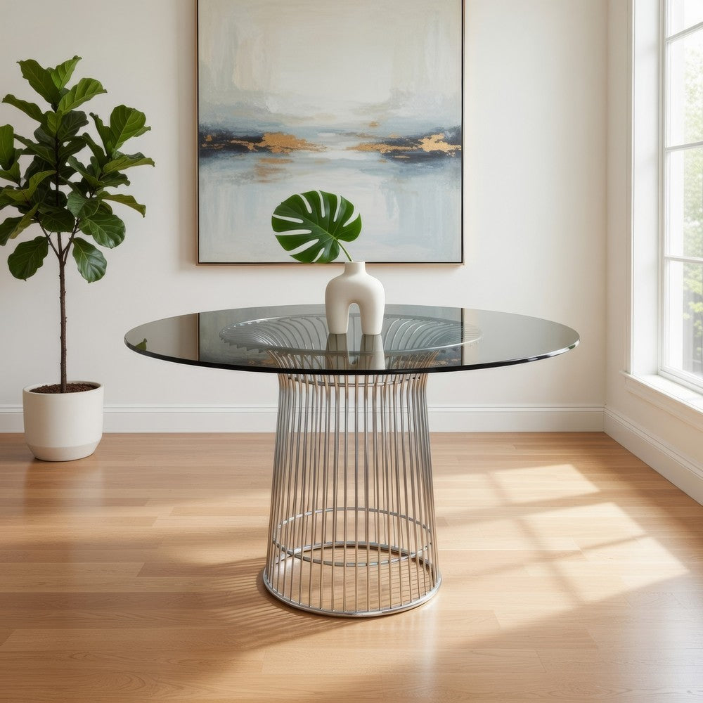 Pima 40 Inch Dining Table, Round Tempered Glass Top, Open Padestal Base By Casagear Home