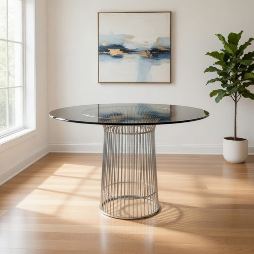 Pima 40 Inch Dining Table, Round Tempered Glass Top, Open Padestal Base By Casagear Home