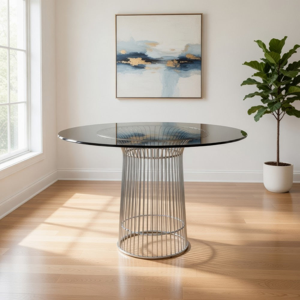 Pima 40 Inch Dining Table, Round Tempered Glass Top, Open Padestal Base By Casagear Home