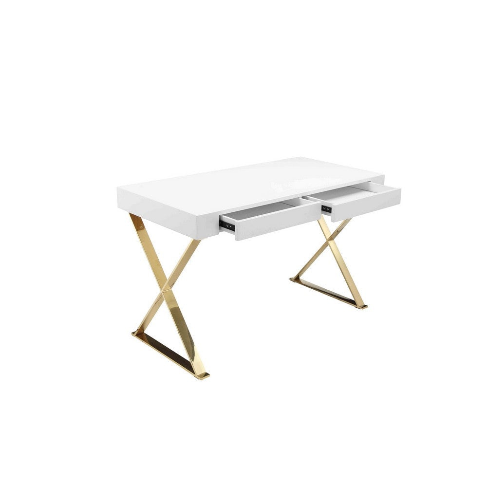 Rix 47’’ Office Desk 2 Drawers Gold Metal Base White by Casagear Home BM315142