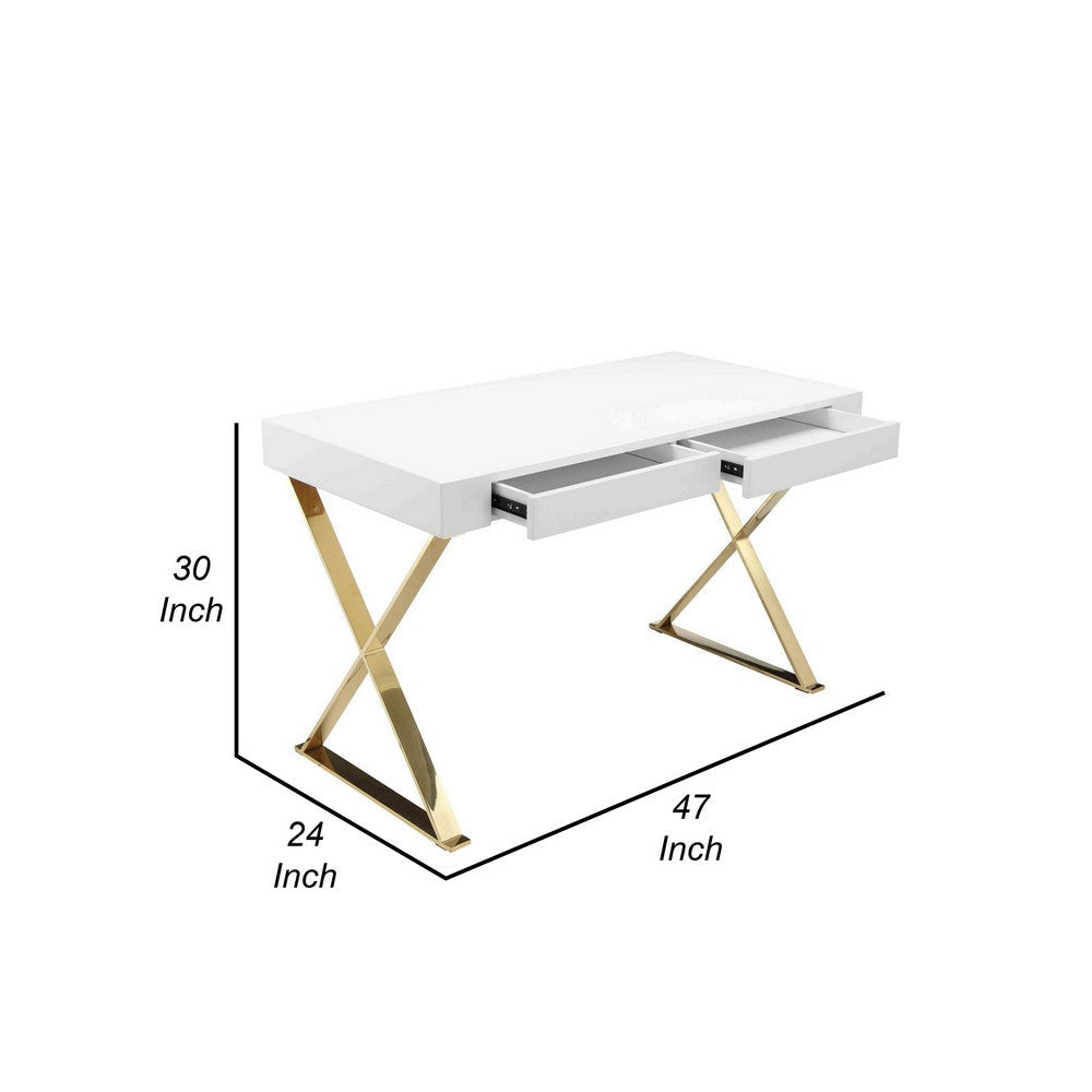 Rix 47’’ Office Desk 2 Drawers Gold Metal Base White by Casagear Home BM315142
