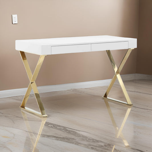 Rix 47 Inch Office Desk 2 Drawers Gold Metal Base Rectangular White By Casagear Home BM315142