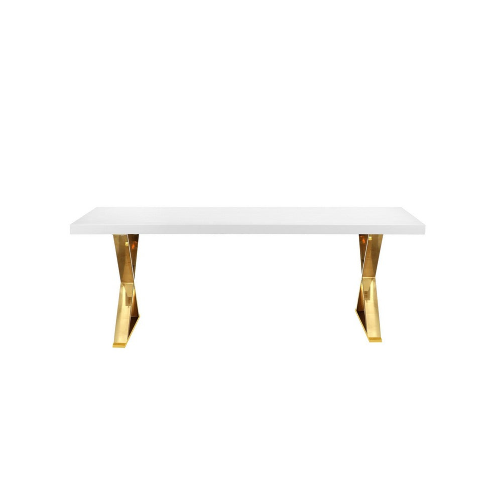 Rix 87 Inch Dining Table, Rectangular White Top, Gold Finished Metal Base By Casagear Home