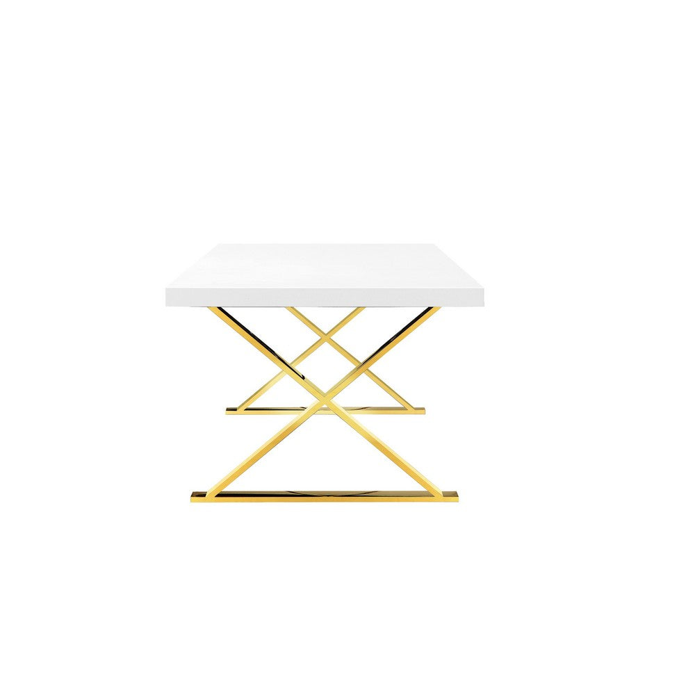 Rix 87 Inch Dining Table, Rectangular White Top, Gold Finished Metal Base By Casagear Home