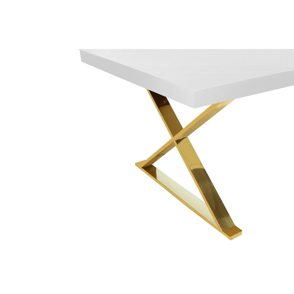 Rix 87 Inch Dining Table, Rectangular White Top, Gold Finished Metal Base By Casagear Home
