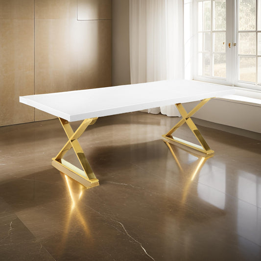 Rix 87 Inch Dining Table Rectangular White Top Gold Finished Metal Base By Casagear Home BM315143