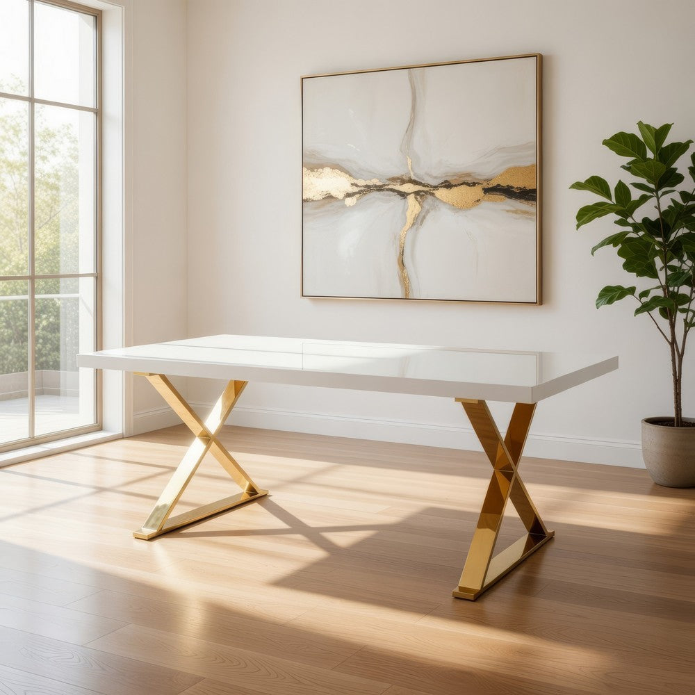 Rix 87 Inch Dining Table, Rectangular White Top, Gold Finished Metal Base By Casagear Home