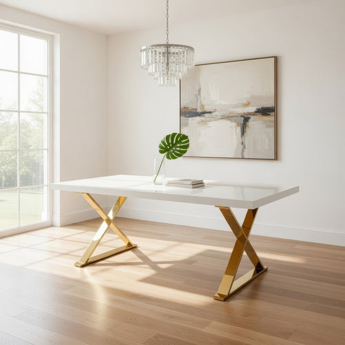Rix 87 Inch Dining Table, Rectangular White Top, Gold Finished Metal Base By Casagear Home