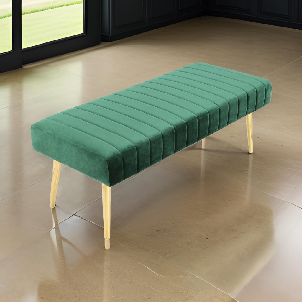 Lida 45 Inch Bench Cushioned Channel Tufting Green Velvet Upholstery Gold By Casagear Home BM315145